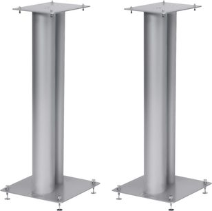 Zwei Lautsprecherständer Norstone Design Stylum 2 in Silber Satin, zylindrisch, aus Metall, auf weißem Hintergrund