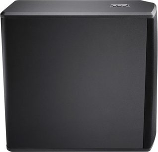 Subwoofer Denon DSW-1H černý, pohled zepředu, krychlový tvar, hladký matný povrch, stříbrné logo vpravo dole