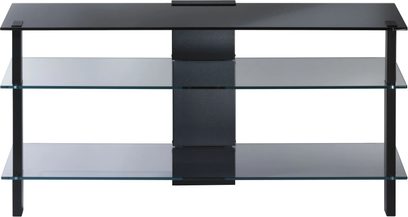 Sort og lysegrå 3-niveaus TV-møbel med glashylder, sort metalramme, 120 cm bred