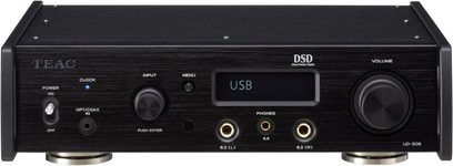 TEAC UD-505 sort hovedtelefon-forstærker, frontpanel med hovedtelefonstik, USB og kontroller, frontvisning på sort baggrund