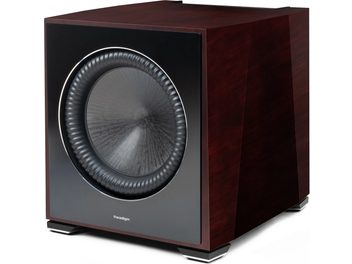 Koyu kiraz renkli XR 13 subwoofer, üç çeyrek görünüm, ön siyah, merkez koni gri, siyah ve gümüş ayaklar
