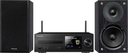 Pioneer X-HM72D-K sort mini-HiFi-anlæg, kompakte højttalere, centralt element, blank front, LCD-skærm, berøringsfølsomme knapper