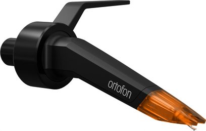 Ortofon Concorde Music bronz plak çalar DJ hücresi, siyah gövde, turuncu saydam uç, üç çeyrek görünüm