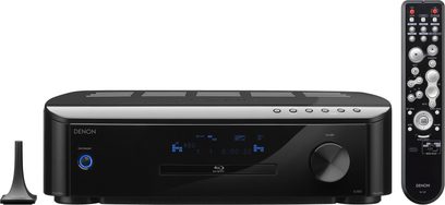 Czarna wieża hi-fi Denon CARA S-5BD z odtwarzaczem Blu-ray, tunerem FM, portem USB, wejściami audio i pilotem zdalnego sterowania