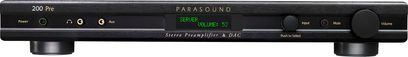 Parasound NewClassic 200 Pre sort stereo-forstærker, frontvisning, grøn display "SERVER VOLUME: 52", knapper og stik