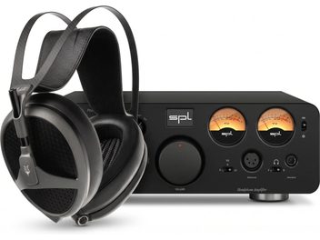 Căști audio deschise Meze Elite negre în fața amplificatorului de căști SPL negru cu dublu vumetru