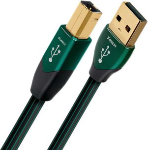 Зелено-золотий USB-кабель Audioquest Forest, роз’єми USB A та B, зелена плетена оплетка, позолочені наконечники