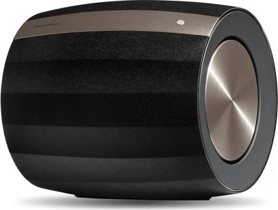 Sort cylindrisk Bowers & Wilkins Formation Bass-subwoofer, sort gitter, sideventilering, set forfra