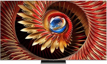 TCL 85C8K svart högupplöst TV med tunn metallram och diskret centralt stativ, sedd framifrån