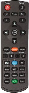 Sort fjernbetjening med røde, orange, blå og hvide knapper til at styre en elektronisk enhed, set forfra