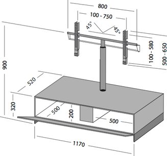 Světlý dřevěný TV stolek se skleněnou policí, 2 nohy, 1170 x 500 x 550 mm, technický nákres s rozměry v mm