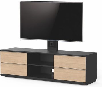 Černý a světlý dřevěný TV stolek se 2 zásuvkami, 1 centrální přihrádkou a stojanem na plochou obrazovku s centrální nohou, pohled zepředu
