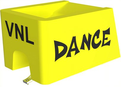 Ortofon-Diamant STYLUS VNL DANCE gelb, Kunststoffgehäuse, Aufschriften VNL und DANCE, silberner Cantilever, Dreiviertelansicht