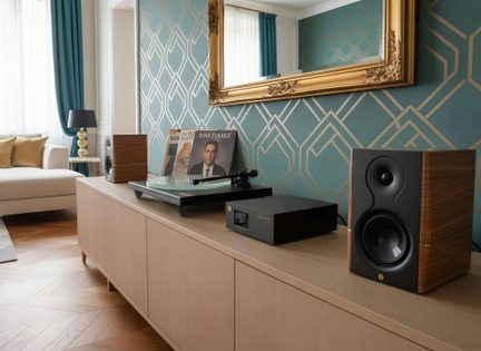 Gramofon z ojačevalnikom in knjižnimi zvočniki v orehovem lesu na nizki omarici v elegantni dnevni sobi