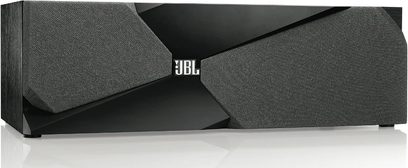 JBL Studio 120C sort central hjemmebiograf-højttaler, mørkegråt stof, refleksion, sort baggrund, 3/4 forfra