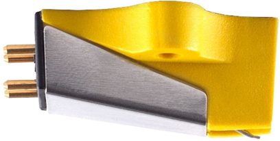 Rega Exact vinyl pickup cartridge, bright yellow body, gray stylus, gold-plated connectors, side view