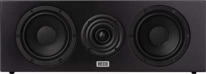 Diffusore centrale Heco AURORA XT Center 30, vista frontale, 2 altoparlanti circolari laterali, 1 tweeter centrale, cabinet rettangolare nero
