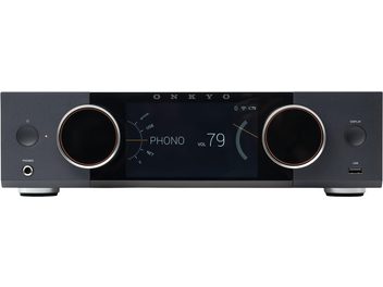 Στερεοφωνικός hi-fi ενισχυτής Onkyo Y-50 μαύρος, μοντέρνα πρόσοψη με κεντρική οθόνη, δύο μεγάλους περιστροφικούς διακόπτες, έξοδος ακουστικών και θύρα USB