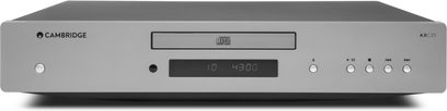 Cambridge Audio AXC25 silver CD player, front view, digital display, control buttons on the front panel