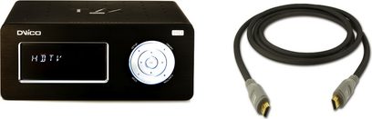 Dvico TVIX6500 500 GB sort netværksmedieafspiller, frontvisning, LCD-display, sort HDMI-kabel