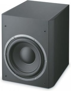 Focal SUB 300 P mat sort kubisk baskabin, cirkulær højttaler med lys grå børstet metalring