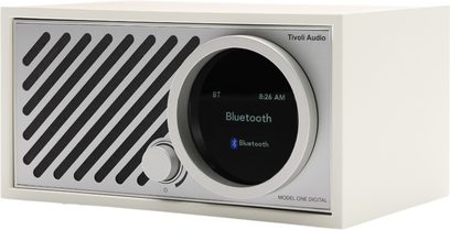 Tivoli Model One Digital bordradio i hvid/sølv, metalfront, cirkulært Bluetooth-display, diagonalt gitter