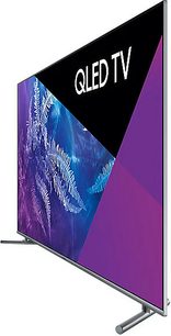 Samsung QLED TV QE65Q6F, rektangulær flatskjerm i svart og lilla, trekvartsvisning forfra til høyre