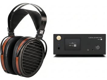 Cuffie aperte HIFIMAN con padiglioni con finitura in legno, presentate con amplificatore Gold Note HP-5 nero