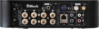 Amplificatore integrato stereo Block Éléments 2.1 nero, vista posteriore con morsetti per diffusori e connessioni audio, USB e di rete