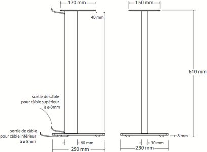 Norstone Esse Stand højttaler-fod i blank sort, teknisk diagram med dimensioner i mm, øvre og nedre kabeludgang