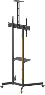 Подставка за телевизор Norstone Pro Vision One в черен метал, изглед от три четвърти отпред, състояща се от два вертикални перфорирани стълба с жълти кабелни отвори, централна табла, горна плоча и основа в форма на кръст с четири роли.
