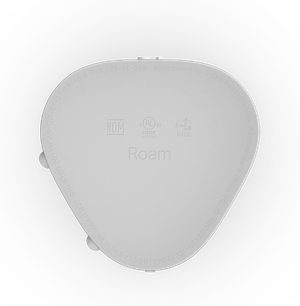 Sonos Roam Bluetooth speaker, Lunar White, bottom view, underside, technical inscriptions and certifications