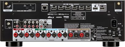 Ampli home-cinéma Denon AVR-X2800H DAB noir, face arrière, connectique audio/vidéo, prises enceintes, antenne, réseau, alimentation