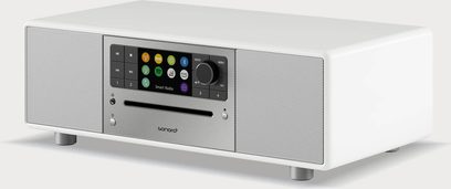 Sonoro Prestige hoogglans wit - zilver, tafelradio, vooraanzicht, witte voorkant, gekleurde knoppen en scherm, grijze luidsprekers