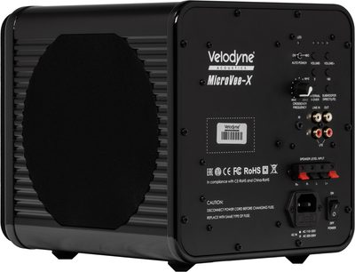 Velodyne MicroVee-X subwoofer i sort lak, set bagfra med lydtilslutninger og sidegitter