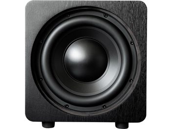 Velodyne Deep Blue 10 sort baskabin, set forfra, med en rund, mat sort højttaler i midten og sort gitter