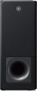Yamaha YAS-207 schwarze Soundbar, Frontansicht, vertikale rechteckige Form, zentraler runder Lautsprecher, Yamaha-Logo