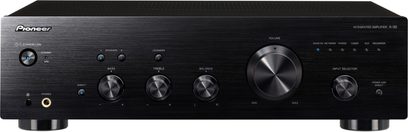 Hi-fi stereo zesilovač Pioneer A-30 černý, pohled zepředu, ovládací tlačítka a konektory na čelním panelu, volič vstupu, ovládání hlasitosti a tónových korekcí