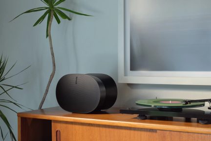 sort ovalt sort højttaler på træmøbel, pladespiller med grøn vinyl, grøn plante, hvid ramme, lyseblå væg