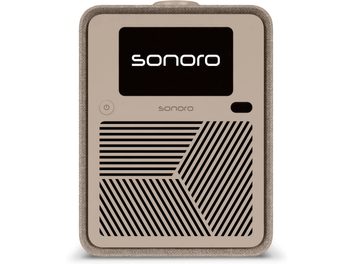Sonoro Atron tafelradio zandcrème, vooraanzicht, zwart scherm en grafisch luidsprekerrooster