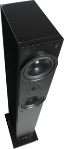 Sort Highland Audio Oran 4305 gulvhøjttaler, set lidt nedefra forfra, med to sølvfarvede runde højttalere
