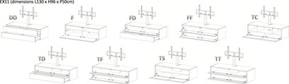 Tekniske diagrammer over TV-møblet Elements EX11 fra Sonorous med 9 konfigurationer og dimensioner L130 x H96 x D50 cm