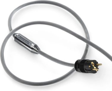 Siltech Explorer 270P Power 1,5 m, grå netledning med flettet kappe, sort Schuko-stik med forgyldte ben, set ovenfra