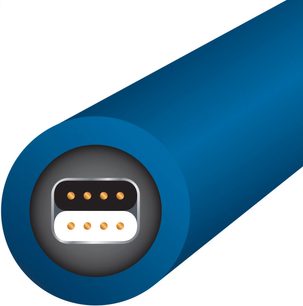 Kabel for subwoofer Stream 10 Mono (4m), sylindrisk blå kabelstrømpe, rektangulær kontakt med 8 gullbelagte pinner, tverrsnittvisning