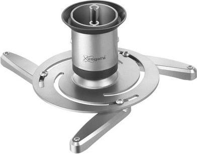 Vogel's VPC 545 loftophængt beslag i sølvfarvet metal, set ovenfra i perspektiv, bestående af en cirkulær base og tre ledarmede arme