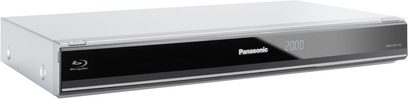 Panasonic DMR-PWT535EC9 sort Blu-ray-optager, set forfra, front med LED-display, diskdrev og knapper