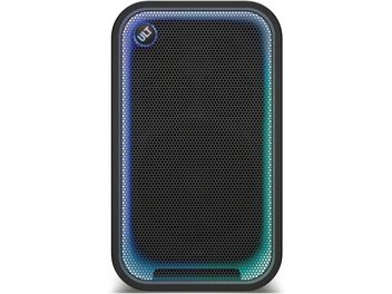 Bærbar svart Sony ULT TOWER 7 Bluetooth-høyttaler, sett forfra, perforert gitter og turkisblå belysning
