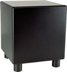 Rel Quake 100 sort mat subwoofer, kubisk form, cylindriske fødder, trekvartersperspektiv forfra til højre
