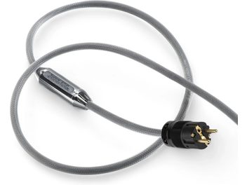Siltech Explorer 270P Power 1.5m, gray braided-sleeve power cable, black Schuko plug with gold-plated pins, top view