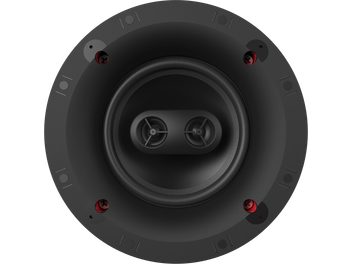 Caixa acústica embutida preta Klipsch CS-16-CSM Sky Hook, vista frontal, dois alto-falantes redondos, quatro fixações vermelhas